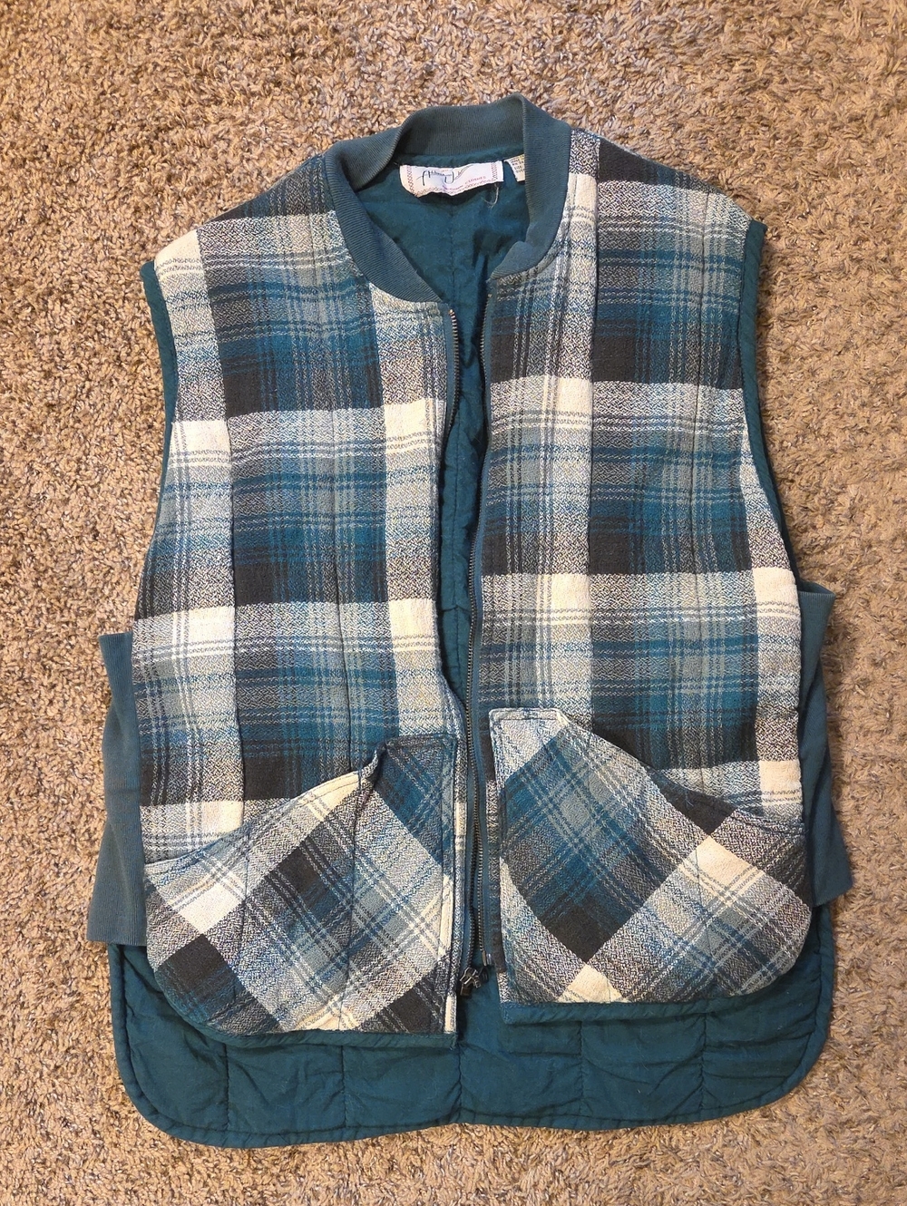 Plaid Quilted Cotton Vest in Teal & Ivory